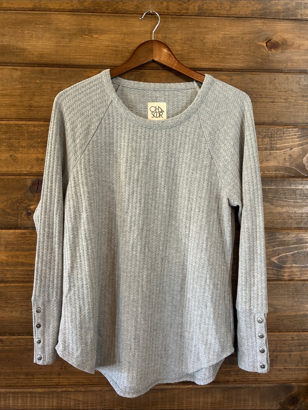 Chaser Heather Gray Ribbed Long Sleeve Top with Button Cuffs
